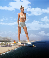 collage city mega destruction handheld cleavage water shoes brunette small_breasts wonderslug foot_crush fire shorts jets boats smoke pier annoyed barbara_palvin hair_bun crop_top bare_midriff