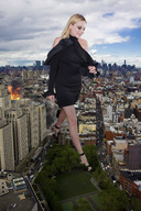 giantess collage city blonde long_hair high_heels wonderslug dress walking looking_down outdoors margot_robbie