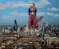 giantess collage city mega destruction skirt wonderslug boots supergirl airplane explosion outdoors cape dc_comics heat_vision skintight_clothing melissa_benoist