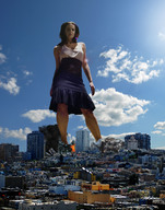 giantess collage city long_hair destruction brunette small_breasts wonderslug dress fire smoke towering michelle_ryan