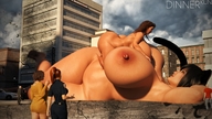 drawing giantess nude tail black_hair long_hair destruction huge_breasts cat_ears multiple_sizes outdoors thick_thighs digital_render dinner-kun