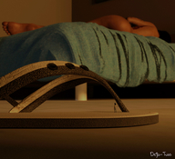 sleeping bed sandals unaware shrunken_man bedroom digital_render innocent-owl