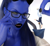 giantess tail handheld glasses blue_hair demoness fangs dangle looking_at_tiny digital_render innocent-owl