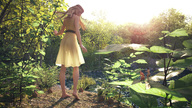 blonde long_hair butt clothed barefoot dress shrunken_people looking_down standing forest river huts sorenzer0 digital_render