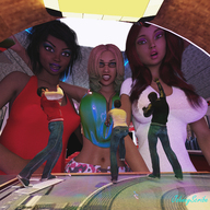 blonde black_hair large_breasts long_hair glasses red_hair short_hair shrunken_men looking_down top digital_render bare_midriff