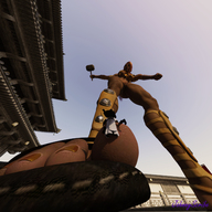 large_breasts armor green_eyes climbing short_hair sandals shrunken_man close_up body_exploration point_of_view orange_hair hammer digital_render johnnyscribe