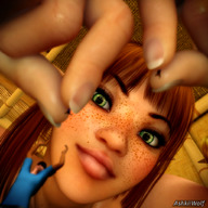 giantess green_eyes smiling emma freckles dropped looking_at_tiny digital_render ashkiiwolf