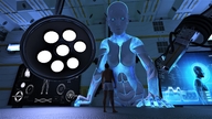 shrunken_man looking_down on_desk laboratory bald robot_girl computer_monitor