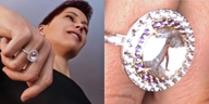 brunette low_angle smiling short_hair shrunken_man digital_render human_jewelry in_ring