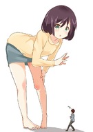 drawing barefoot skirt green_eyes brunette short_hair bending_over shrunken_man waving no_background
