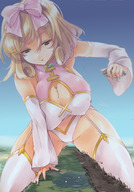 drawing giantess city mega destruction huge_breasts brunette medium_length_hair looking_down senran_kagura between_breasts haruka_(senran_kagura)