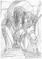 drawing giantess monochrome black_hair long_hair armor sword gloves boots muscles looking_down mask skull