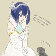 giantess blue_hair gloves dress short_hair kneeling looking_down fairy_tail dialogue hairband no_background