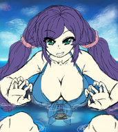 bikini drawing large_breasts green_eyes purple_hair smiling twintails looking_down ships nozomi