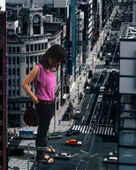 giantess collage city long_hair traffic jeans brunette asian sandals looking_down vehicles outdoors purse airraid