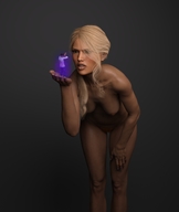 nude blonde long_hair handheld angry shrunken_man looking_down no_background digital_render