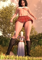 giantess white_hair pussy upskirt black_hair cleavage skirt dress boots navel vampire looking_down standing staff shaven digital_render giantess_lover45