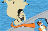 bikini drawing furry anthro black_hair large_breasts long_hair swimsuit brunette fox short_hair pool shrunken_woman outdoors multiple_tails