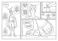 drawing comic monochrome toes soles sandals shrunken_man under_foot flip_flops dialogue panels smushedboy