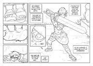 drawing comic monochrome sword toes soles glasses sandals shrunken_man under_foot dialogue panels smushedboy