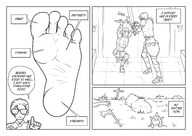 drawing comic monochrome toes soles glasses shrunken_man under_foot dialogue panels smushedboy