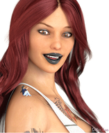 long_hair smiling red_hair sitting shrunken_woman looking_down lipstick tattoo no_background digital_render black_lips heavy_eyeshadow