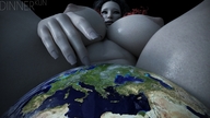 giantess earth giga black_hair planet huge_breasts between_legs looking_down outdoors pointing digital_render grey_skin