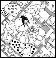 drawing giantess city mega monochrome black_hair long_hair glasses ponytail muscles looking_down outdoors dialogue bangs