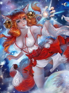 drawing giantess earth giga space large_breasts long_hair cleavage fox_ears hand_crush multiple_tails orange_hair cysh_aizen