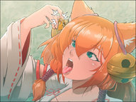drawing vore color large_breasts long_hair tongue fox_ears crown shrunken_woman open_mouth orange_hair cysh_aizen martyz-art