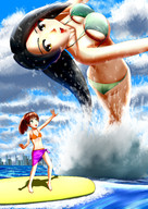 bikini drawing giantess black_hair color large_breasts long_hair brunette brown_eyes looking_down swimming outdoors surfboard
