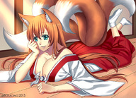 drawing color cleavage lying_down kitsune fox_girl multiple_tails shrine_maiden batusawa cysh_aizen between_breasts