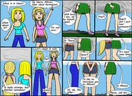 drawing growth giantess mega blonde comic color large_breasts long_hair clothed cleavage skirt jeans shoes socks short_hair mountains giantesses hana sneakers clouds outdoors sky braid bracelet dialogue panels hairband white_socks hanachronicler cleavage_window bare_legs bare_midriff allison samarkana