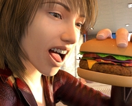 vore brunette short_hair shrunken_man looking_down open_mouth indoors imminent_vore digital_render hamburger