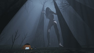 breasts giantess nude long_hair barefoot fire unaware forest night moonlight trees sorenzer0 camping digital_render tent