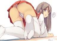 drawing giantess panties feet upskirt color long_hair butt clothed skirt brunette stockings kneeling looking_back trapped_beneath