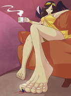 drawing wings black_hair color long_hair barefoot blue_hair blood domination dress sitting foot_crush shrunken_woman looking_down cruel chair goggles anirusfere angelgts coffee_mug