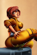 breasts drawing color large_breasts butt butt_crush brunette short_hair sitting shrunken_man looking_down thighs belt jumpsuit teenage_mutant_ninja_turtles reporter april_oneil leonardo michaelangelo kisparlius