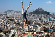 giantess collage city clothed pants sneakers outdoors top hair_bun handstand