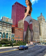 giantess collage long_hair clothed barefoot buildings brunette standing pants looking_back top ciy