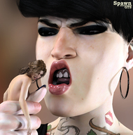 black_hair handheld short_hair shrunken_woman looking_down hoop_earrings tattoo nail_polish spawngts black_nails digital_render scowling
