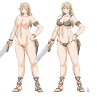 bikini drawing giantess nude long_hair sword brunette smiling sandals gladiator_sandals bracelet bikuta no_background armlet