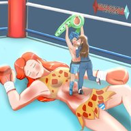 drawing panties upskirt large_breasts long_hair blue_hair brunette giganta red_hair lying_down boots kissing indoors belt unconscious leopard_print boxing_ring boxing_gloves trunks bruised
