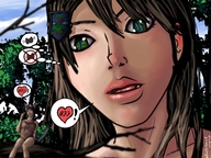 drawing giantess color green_eyes brunette tree forest looking_at_tiny tastysnack