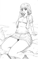 drawing giantess mega monochrome short_hair sitting thick_thighs on_finger