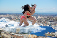 breasts giantess collage city mega black_hair swimsuit destruction water buildings wonderslug legs fighting teasing waves giantesses san_diego demi_rose alexandra_cane