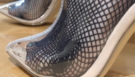 collage in_shoe fishnets shrunken_man crouching nail_polish blue_nails