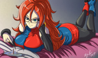 drawing city long_hair clothed glasses huge_breasts red_hair boots nylons dragon_ball plate hoop_earrings rings imminent_vore bryan_lobdell android_21