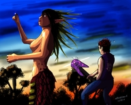 breasts drawing giantess black_hair color long_hair handheld forest guitar sunset snake_girl
