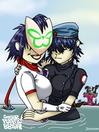 drawing giantess blue_hair breast_crush submarine giantesses mask hugging pinned looking_at_victim jimmy144 noodle gorillaz murdoc
